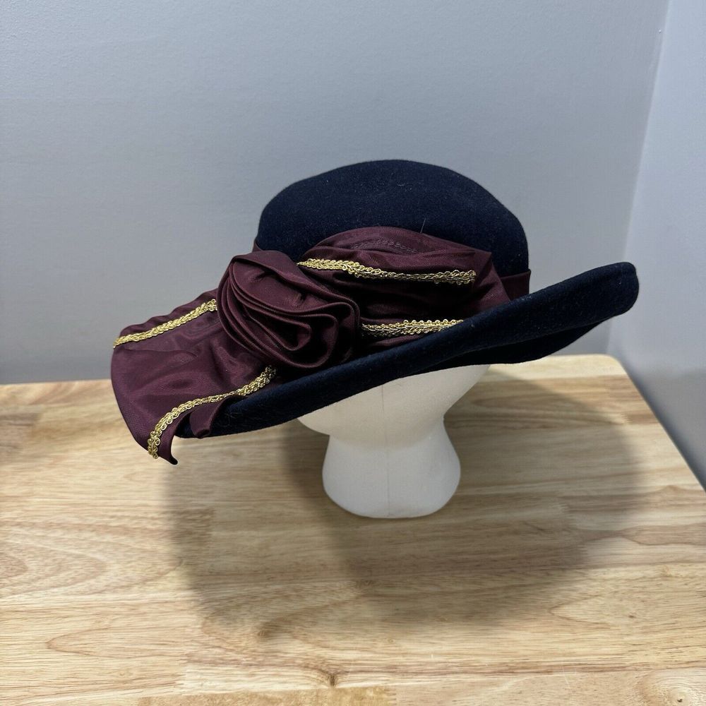 Vtg 50s JODY G for SYLVIA‎ USA Bollman Hat Womens Blue Wool Burgundy Gold Church